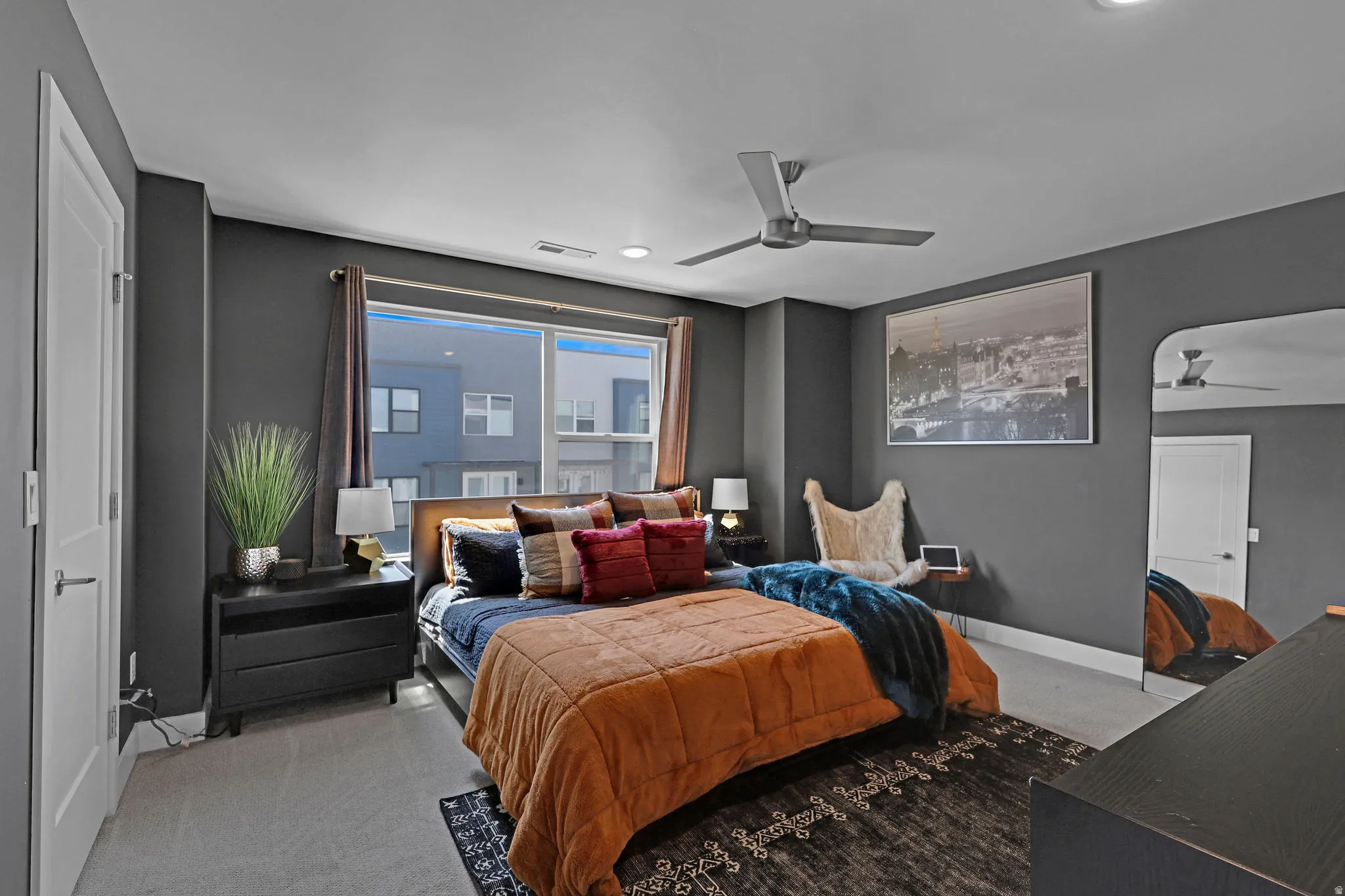 Bedroom featuring carpet floors, a ceiling fan, and recessed lighting