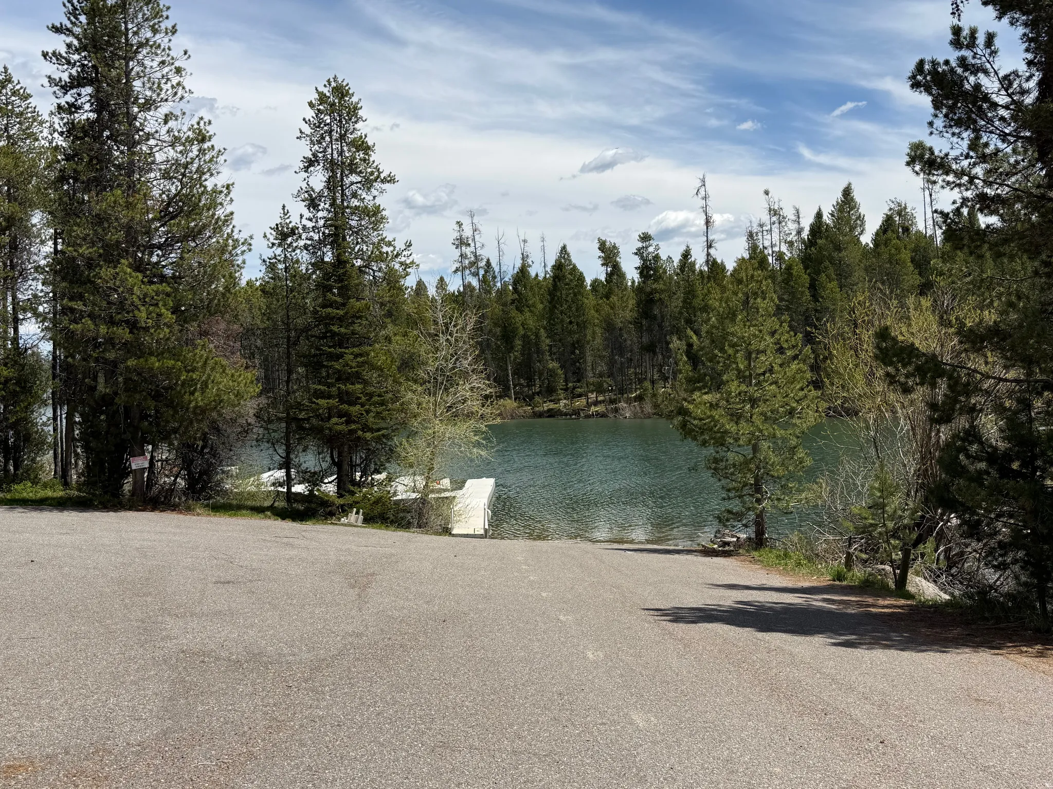 Paved boat launch leading to tranquil waters, surrounded by mature evergreen trees