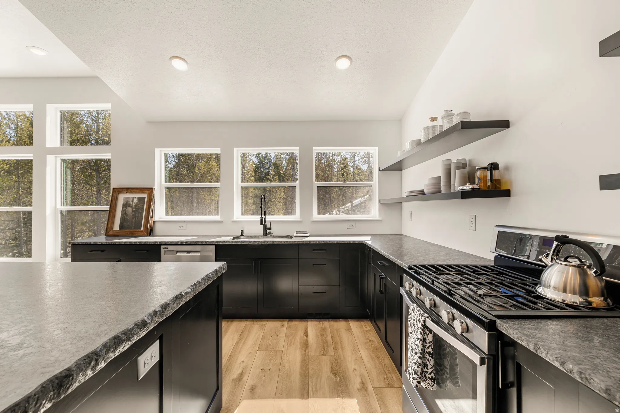Kitchen featuring stainless steel appliances, dark countertops, dark cabinets, light wood-style floors, and recessed lighting