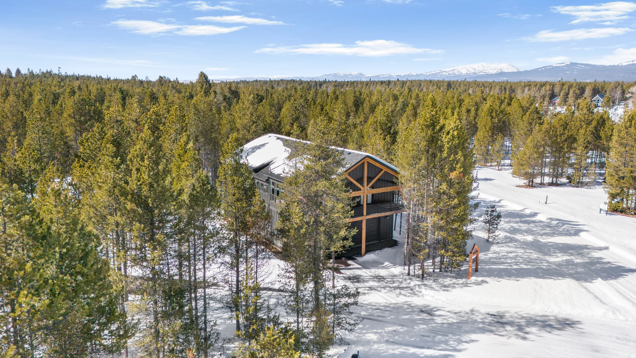 Snowy aerial view featuring a forest view and a mountain view