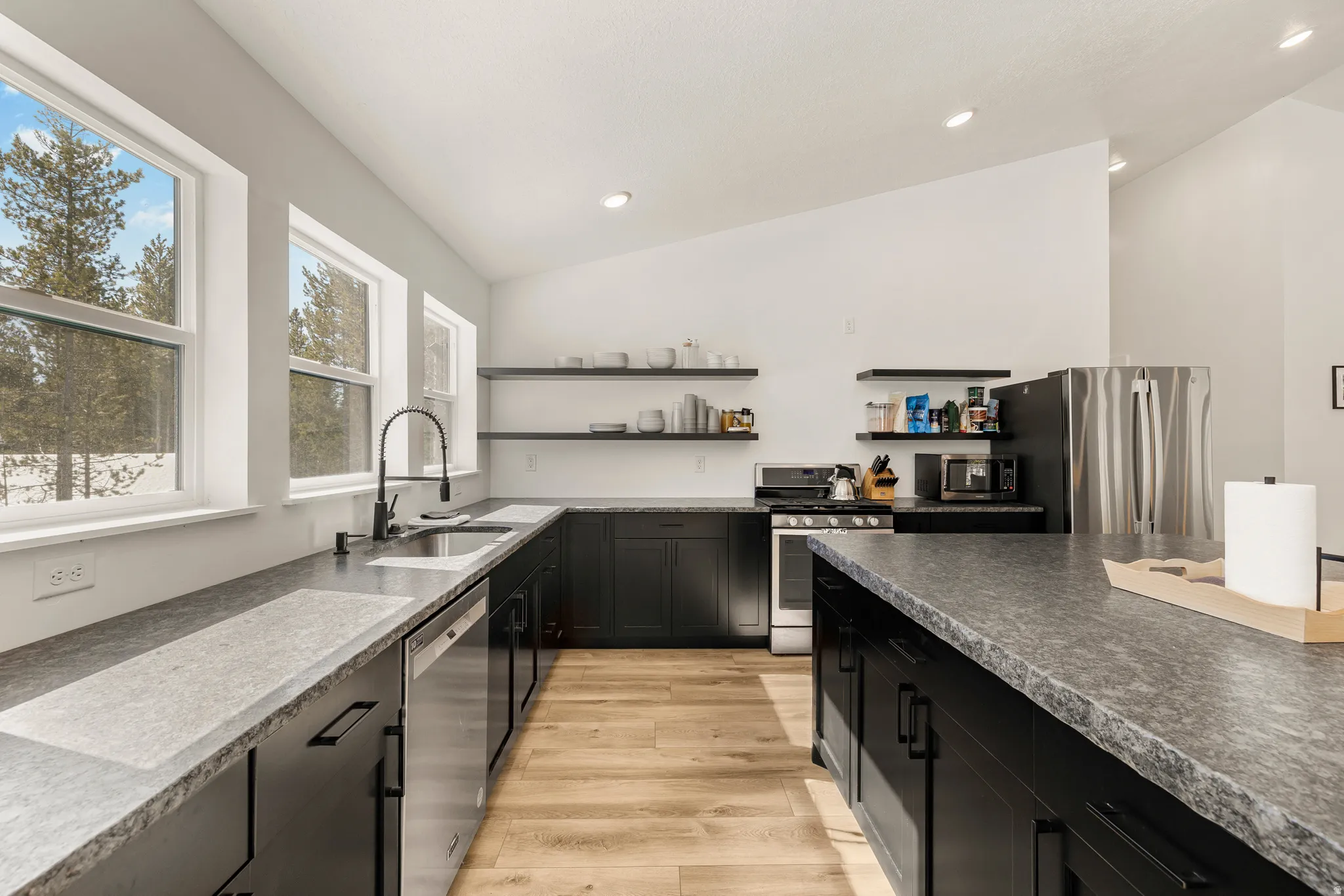 Kitchen with stainless steel appliances, dark cabinets, vaulted ceiling, light wood-style flooring, and recessed lighting