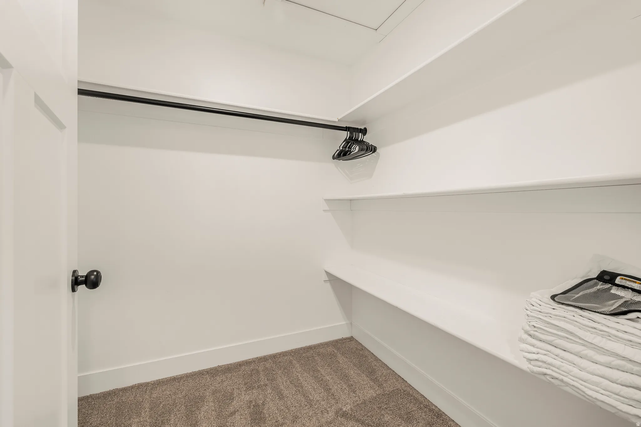 Walk in closet with dark carpet