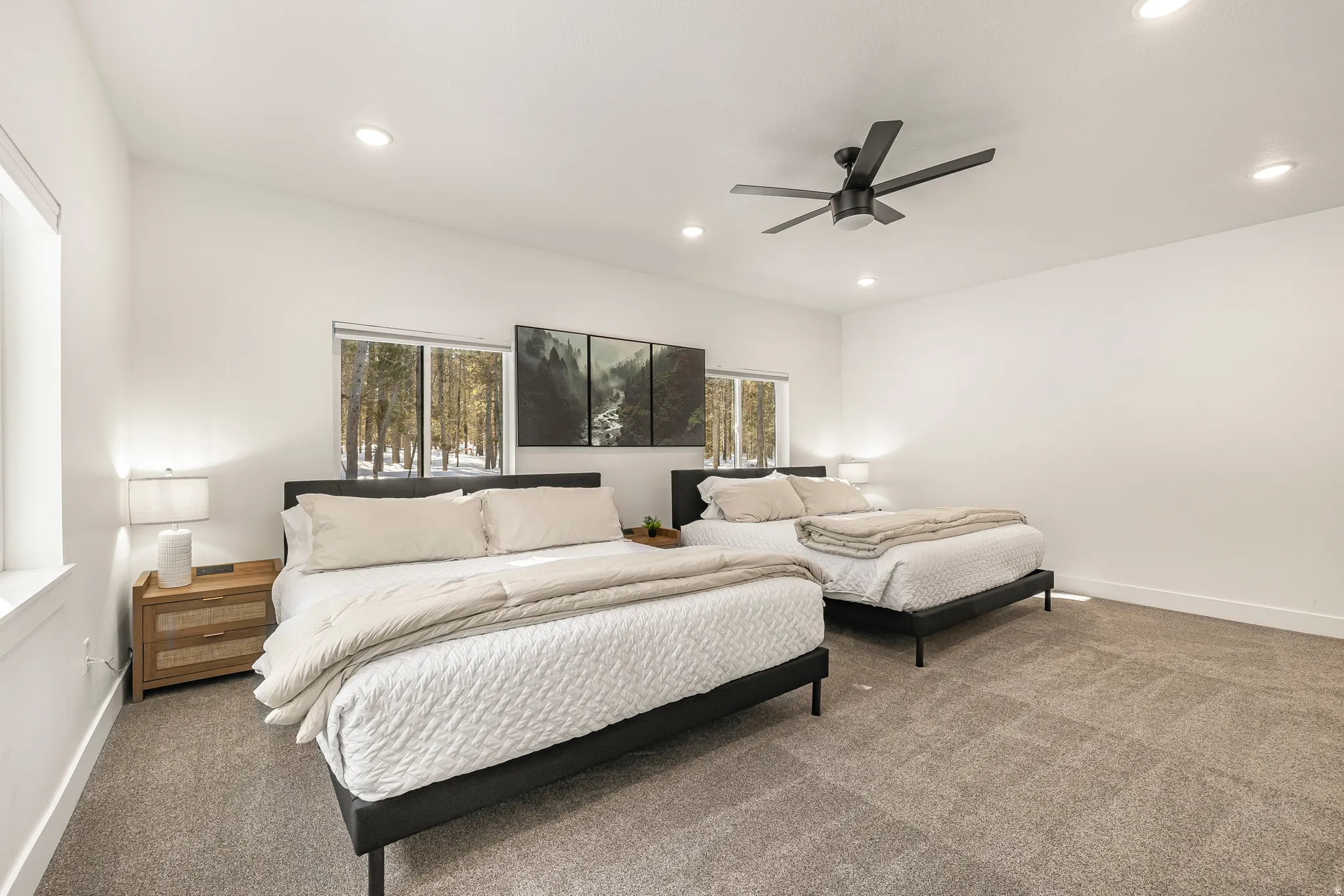 Bedroom with carpet flooring, a ceiling fan, and recessed lighting