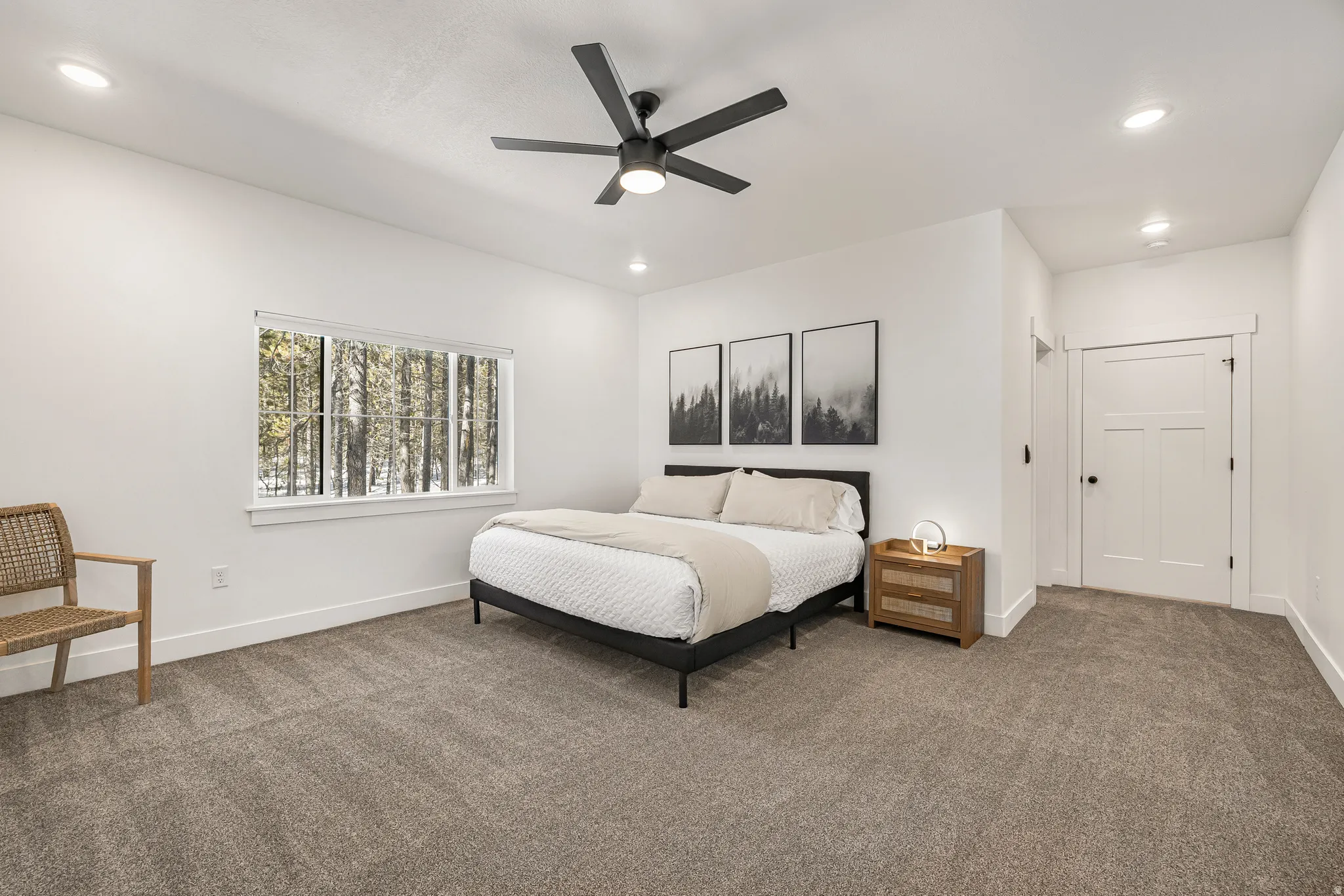 Bedroom featuring carpet floors, recessed lighting, and ceiling fan