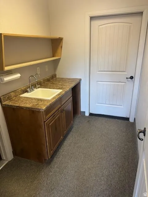Bar with dark countertops, dark colored carpet, and open shelves