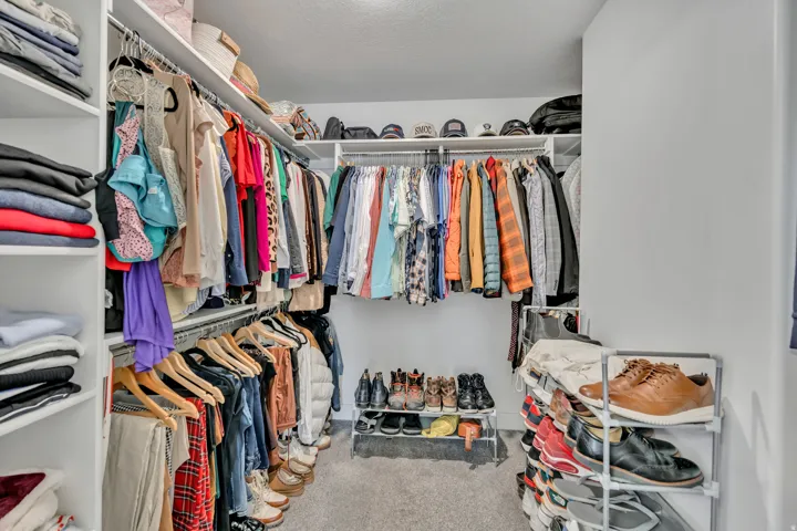 Walk in closet with light colored carpet