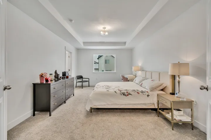 Bedroom with light carpet and a tray ceiling