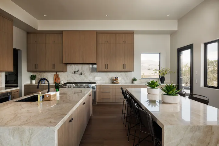Spacious kitchen featuring two large islands with stone countertops, wood-finish cabinetry, a gas range with pot filler, and large windows