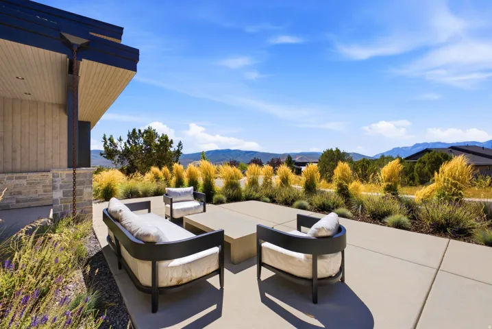Expansive concrete patio with integrated landscaping