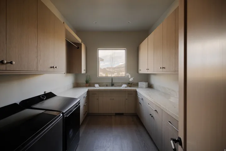 Extensive cabinetry with wood-finish doors, durable light-toned countertops, integrated sink with a matte black faucet, and a large window