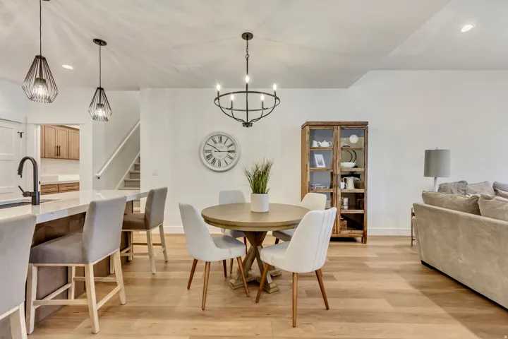 Dining room with a chandelier and light wood finished floors