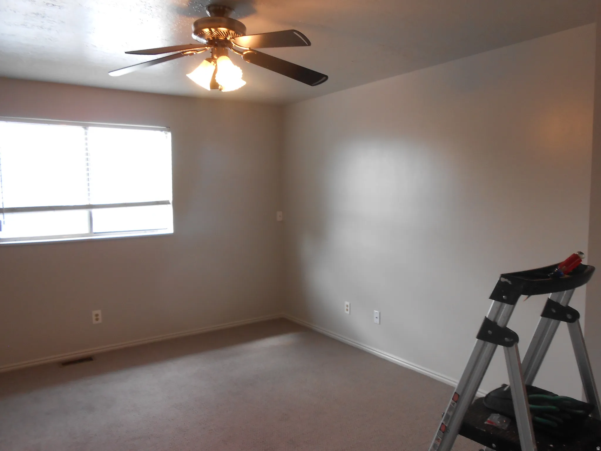 Exercise area with a ceiling fan and carpet