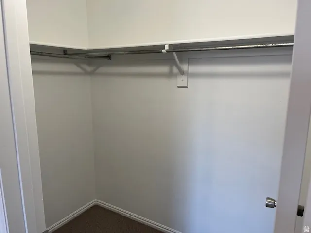 Walk in closet featuring dark carpet