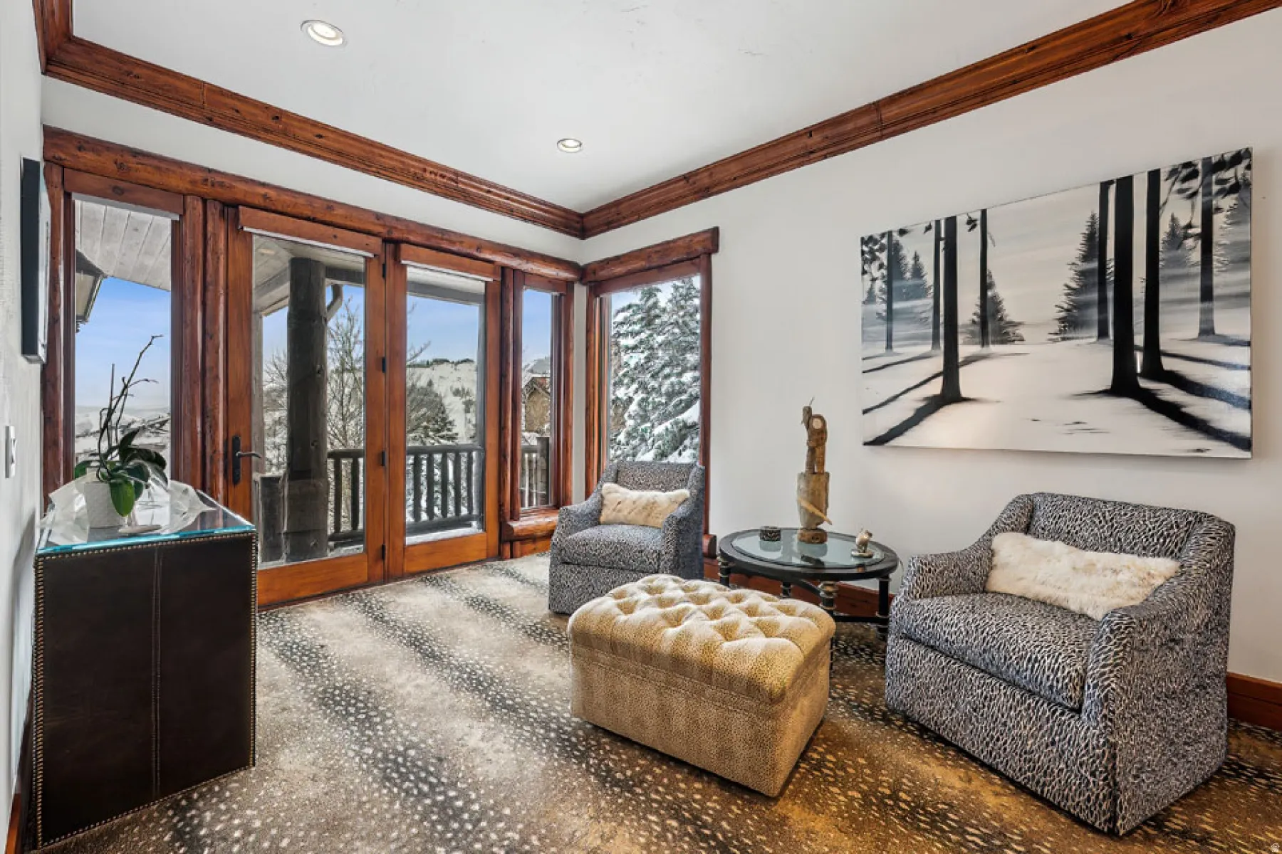 Living area featuring french doors, ornamental molding, and recessed lighting