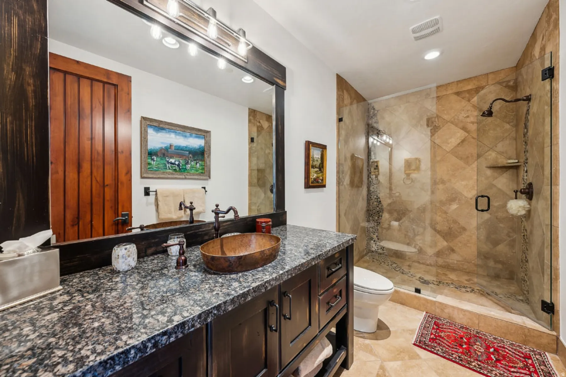 Bathroom with vanity, a shower stall, recessed lighting, and light tile patterned flooring