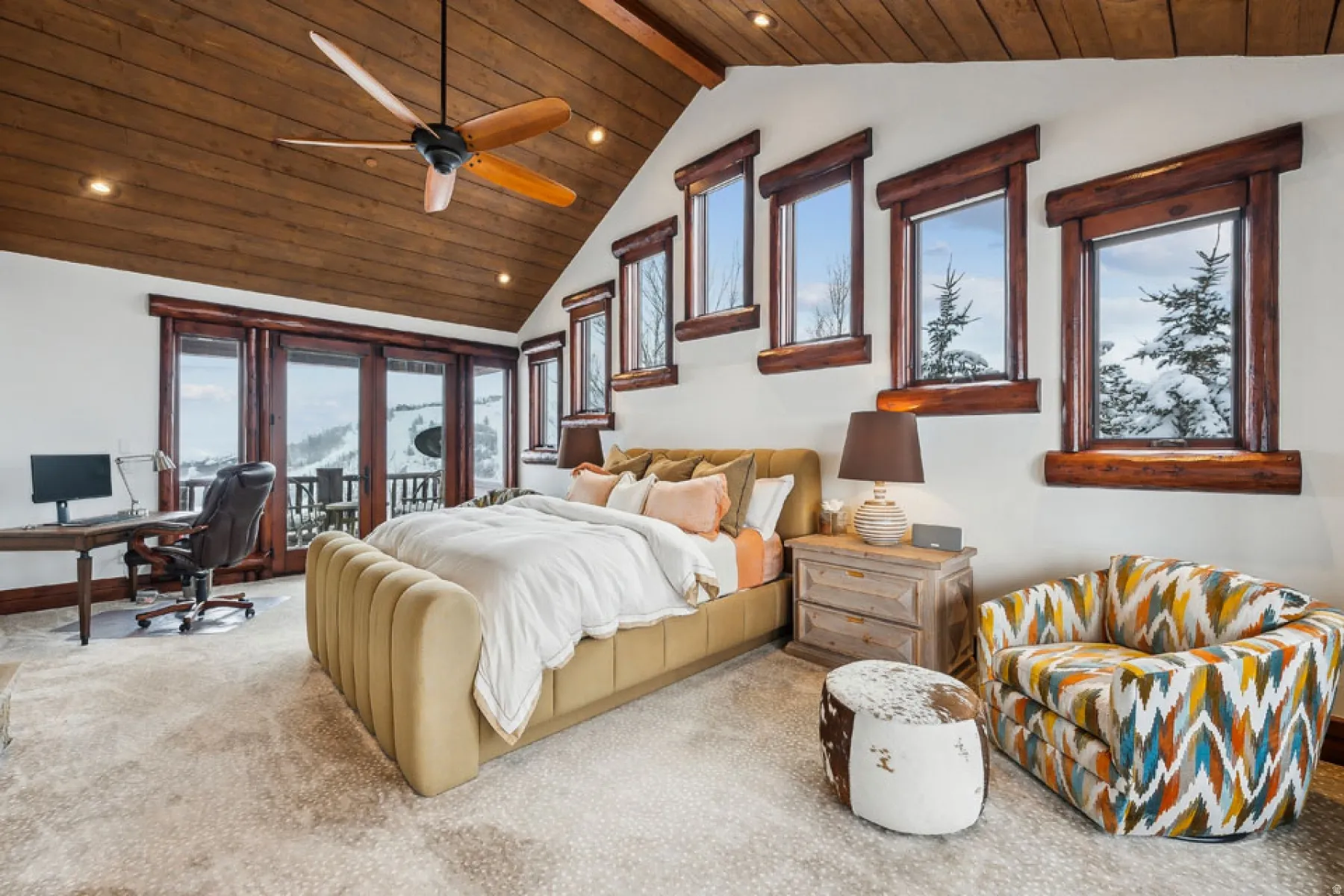 Carpeted bedroom with access to exterior, recessed lighting, a desk, a ceiling fan, and wooden ceiling