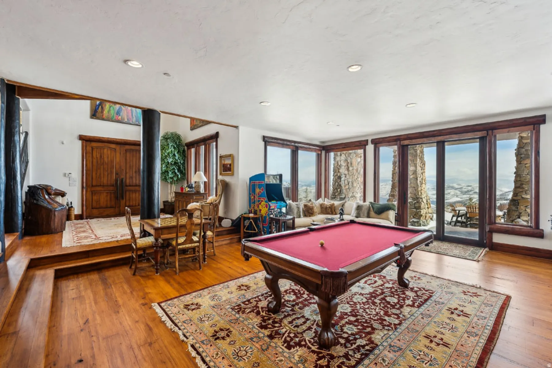 Rec room featuring billiards, hardwood / wood-style floors, and recessed lighting