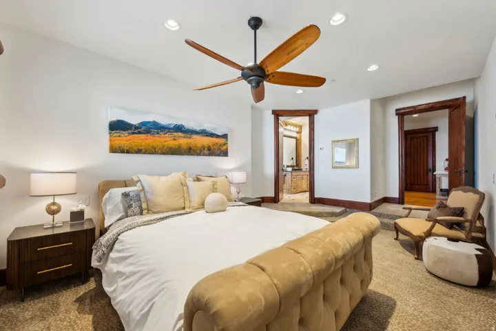 Bedroom with carpet floors, recessed lighting, and a ceiling fan