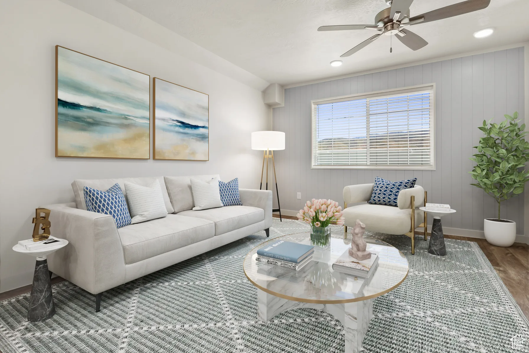 Living room with wood finished floors, ceiling fan, and recessed lighting
