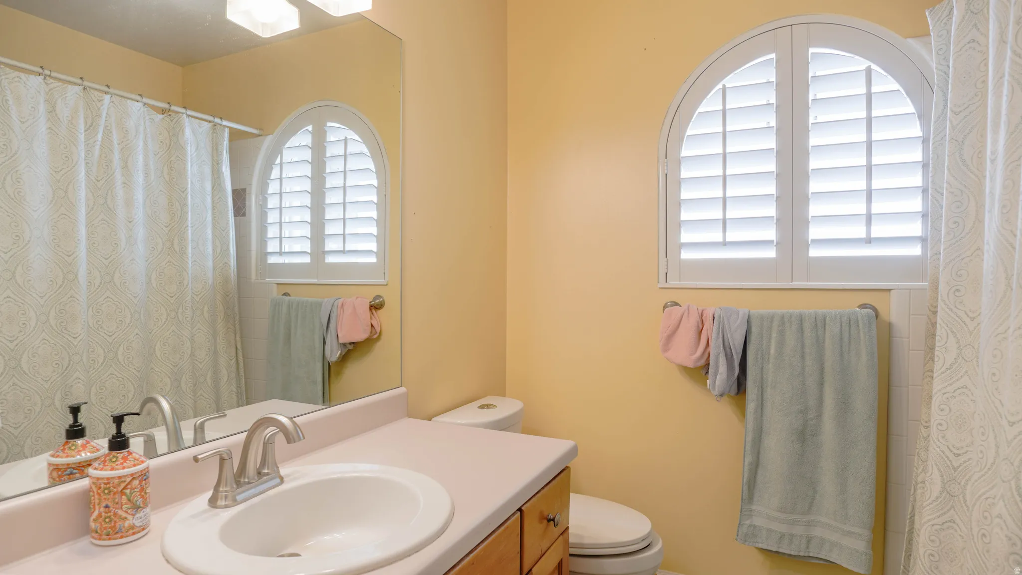 Bathroom with vanity and curtained shower