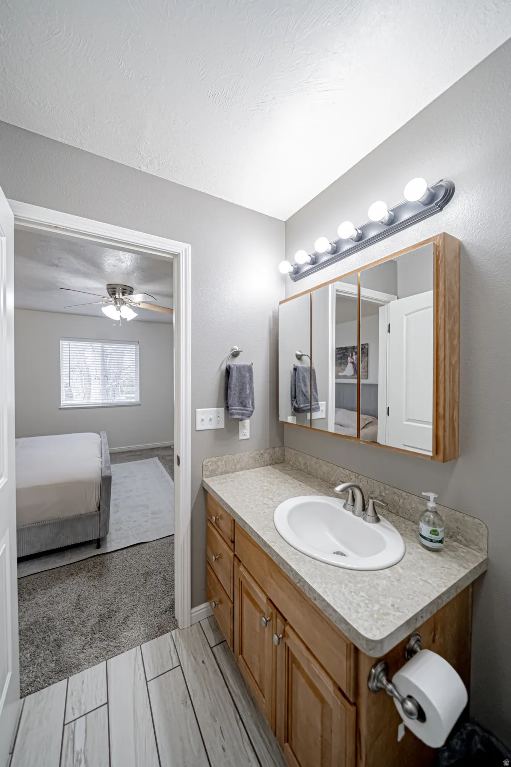 Ensuite bathroom with vanity and a textured ceiling