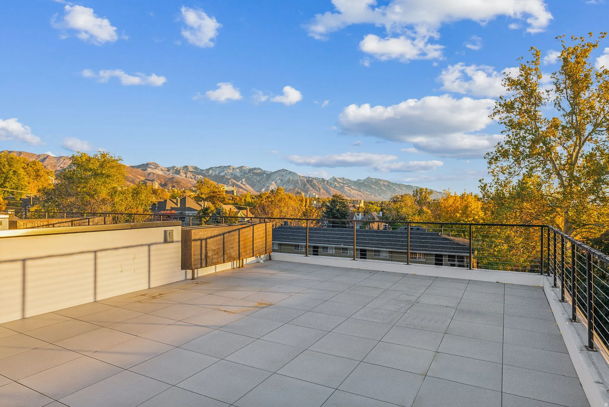 View of patio with a mountain view