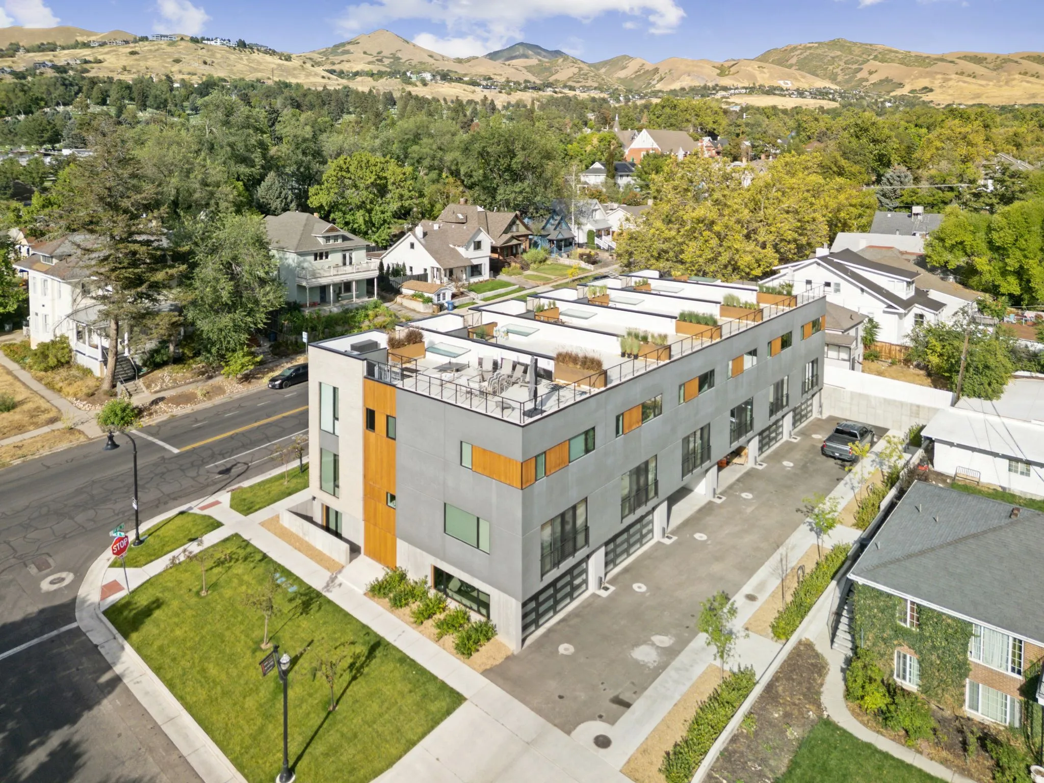 Aerial view of residential area with mountains