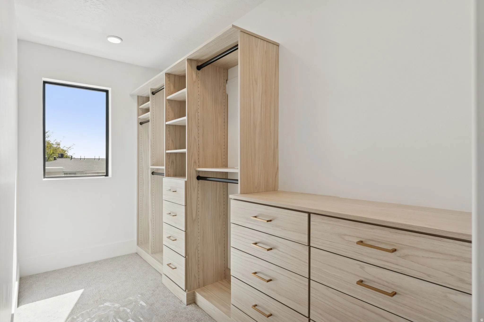 Walk in closet featuring light carpet