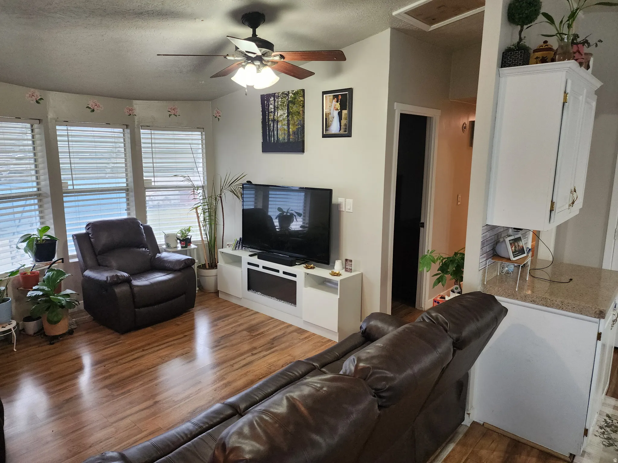 Living area featuring wood finished floors, ceiling fan, and a textured ceiling
