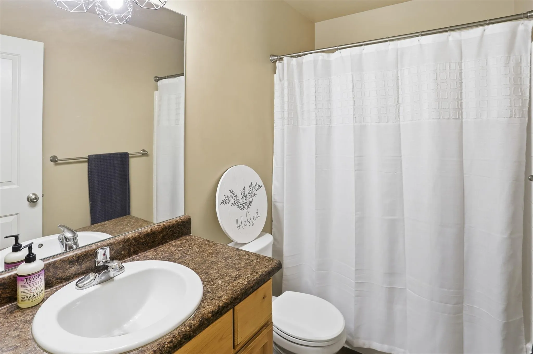 Bathroom with vanity and a shower with shower curtain
