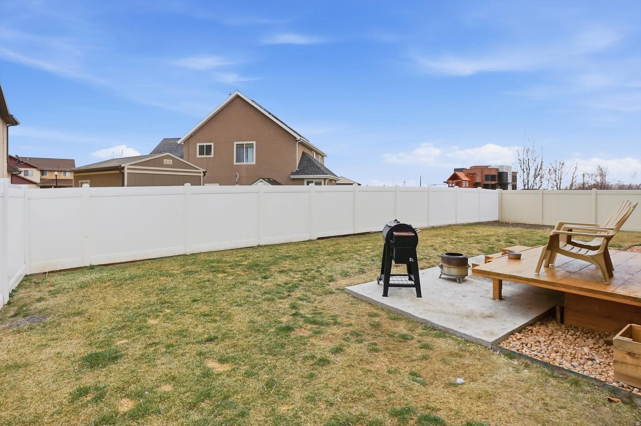 Fenced backyard featuring a patio