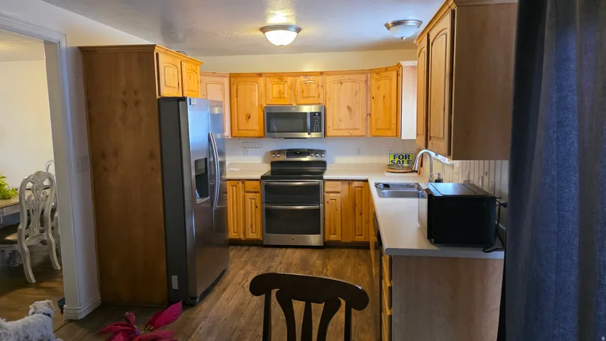 Kitchen with stainless steel appliances, light countertops, dark wood-style floors, and light wood finish cabinets