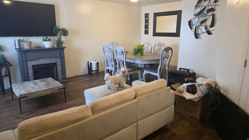 Living area featuring dark wood-type flooring and a fireplace with raised hearth