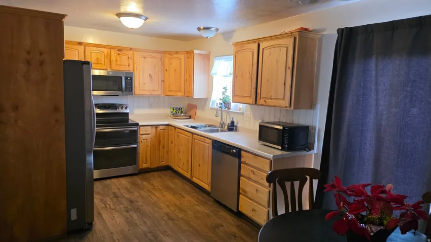 Kitchen featuring light wood finish cabinets, light countertops, stainless steel appliances, and dark wood-type flooring