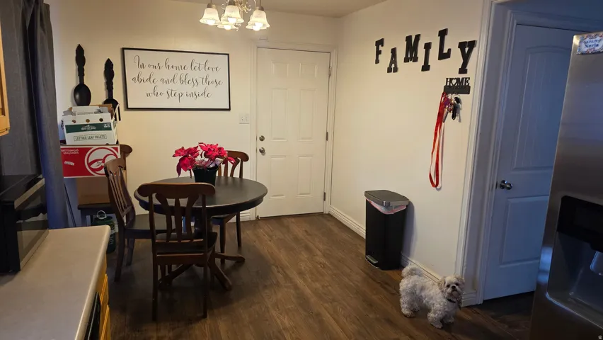 Dining room with dark wood-type flooring and suspended lighting