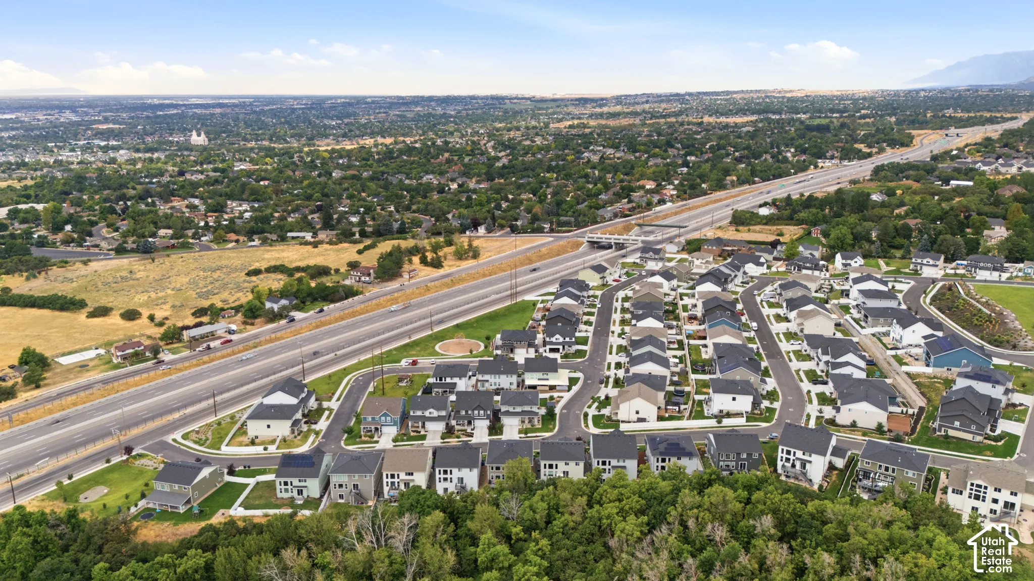 Residential development featuring multiple properties with dark-pitched roofs