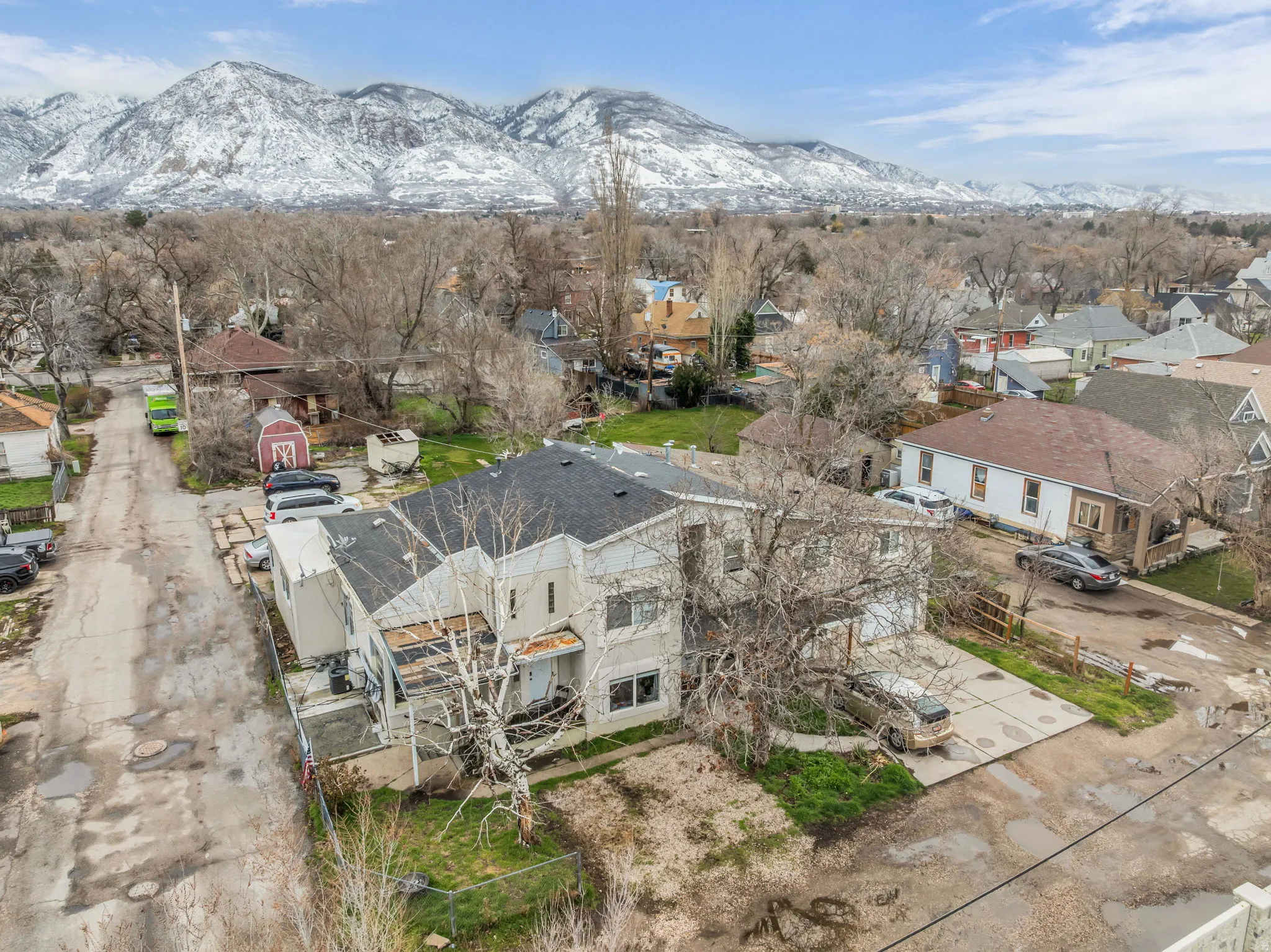 Aerial view of residential area with mountains
