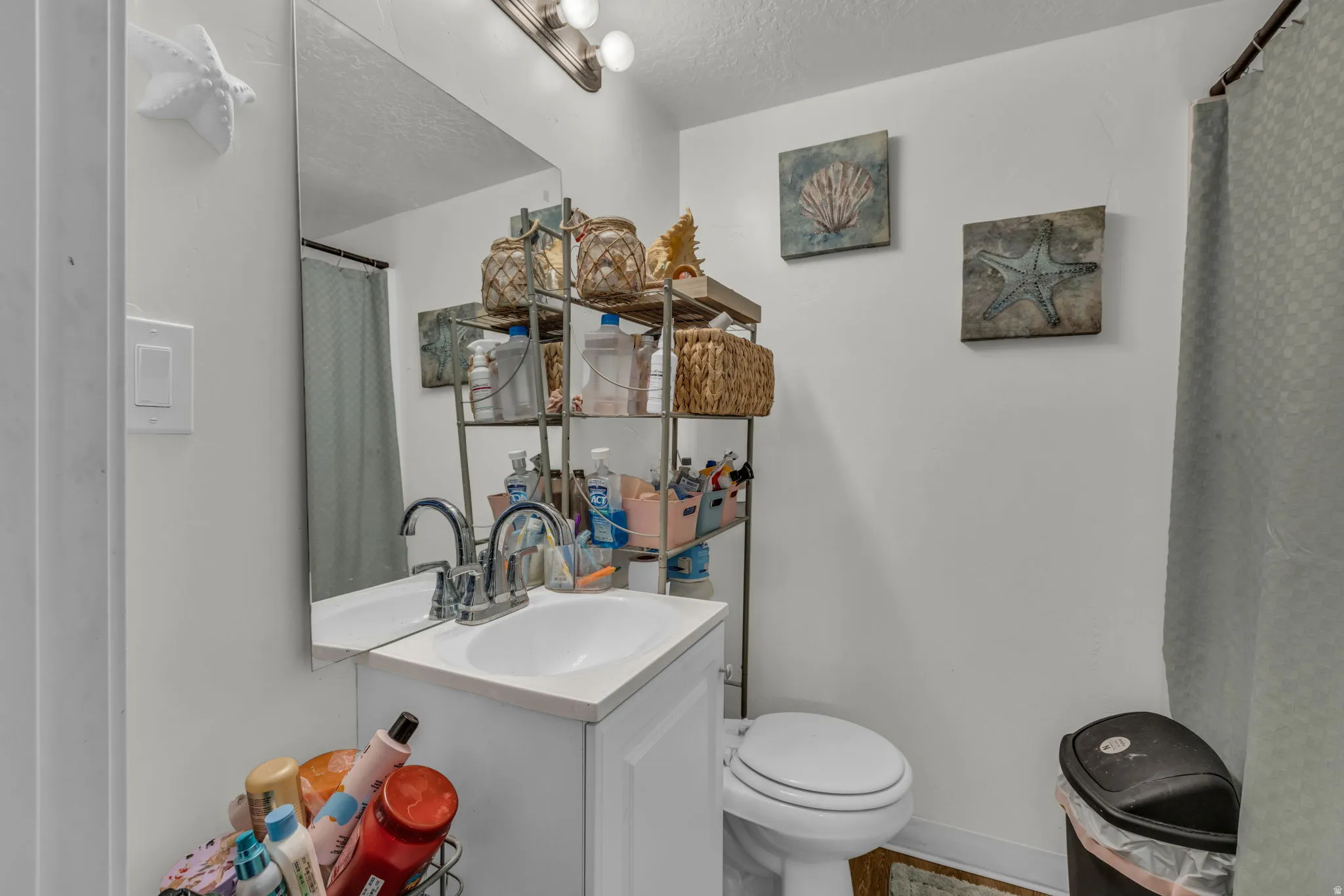 Bathroom featuring vanity, a textured ceiling, and curtained shower