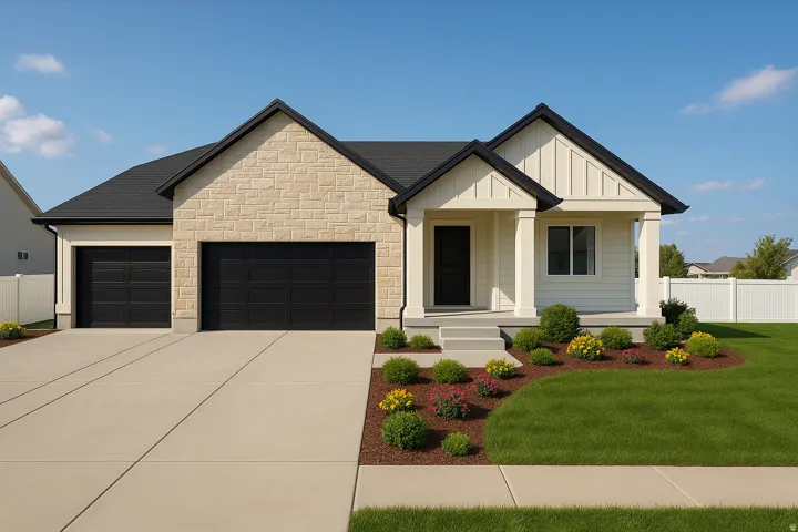 View of front of house with an attached garage, concrete driveway, covered porch, stone siding, and board and batten siding