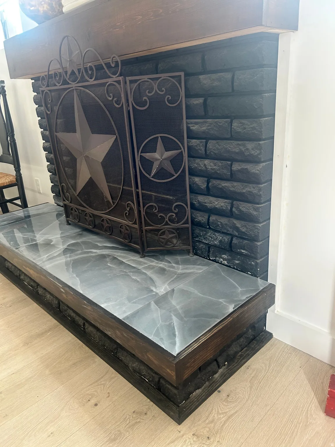 Brick and tile wood fireplace