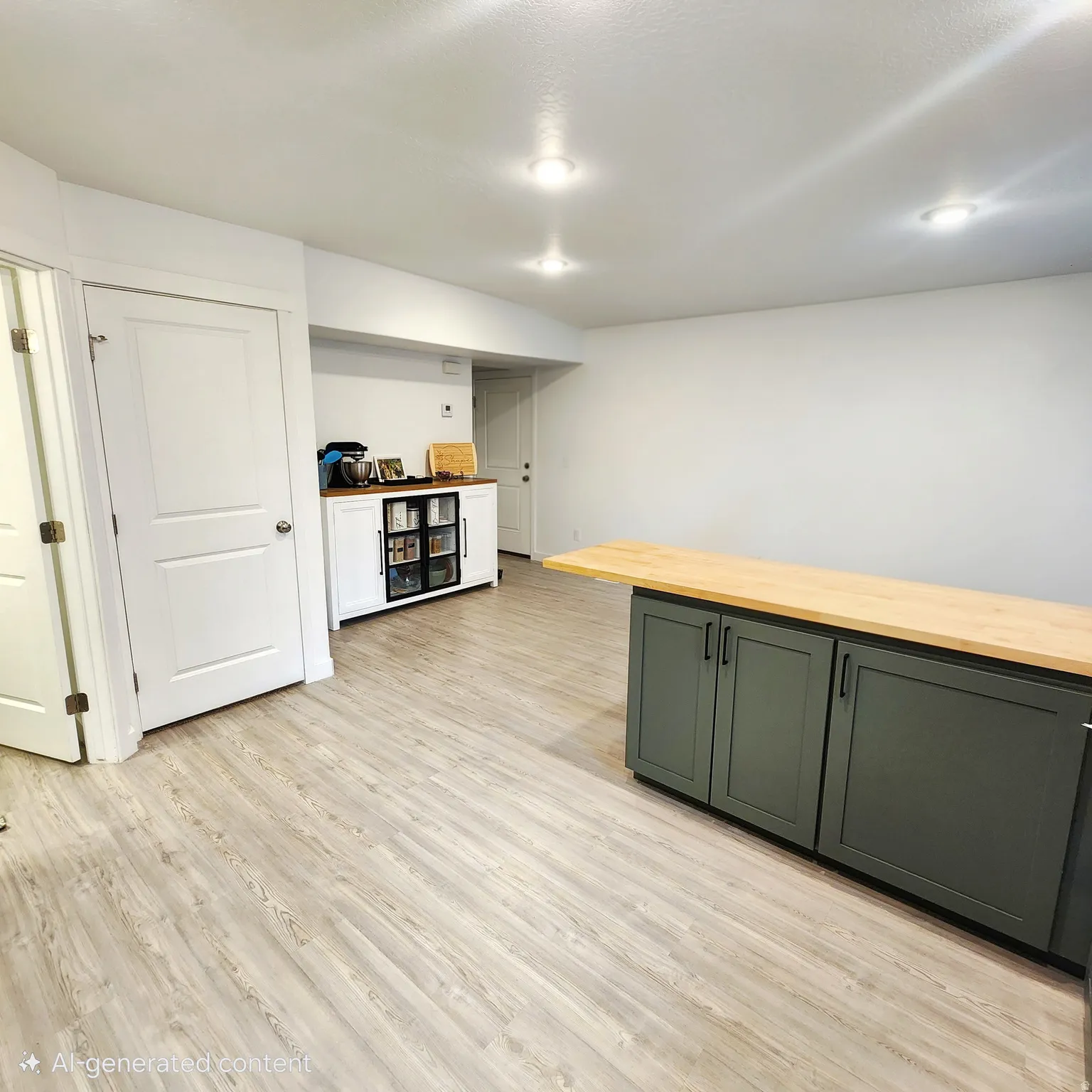 Bar featuring butcher block countertops, light wood-style floors, and dual tone cabinets
