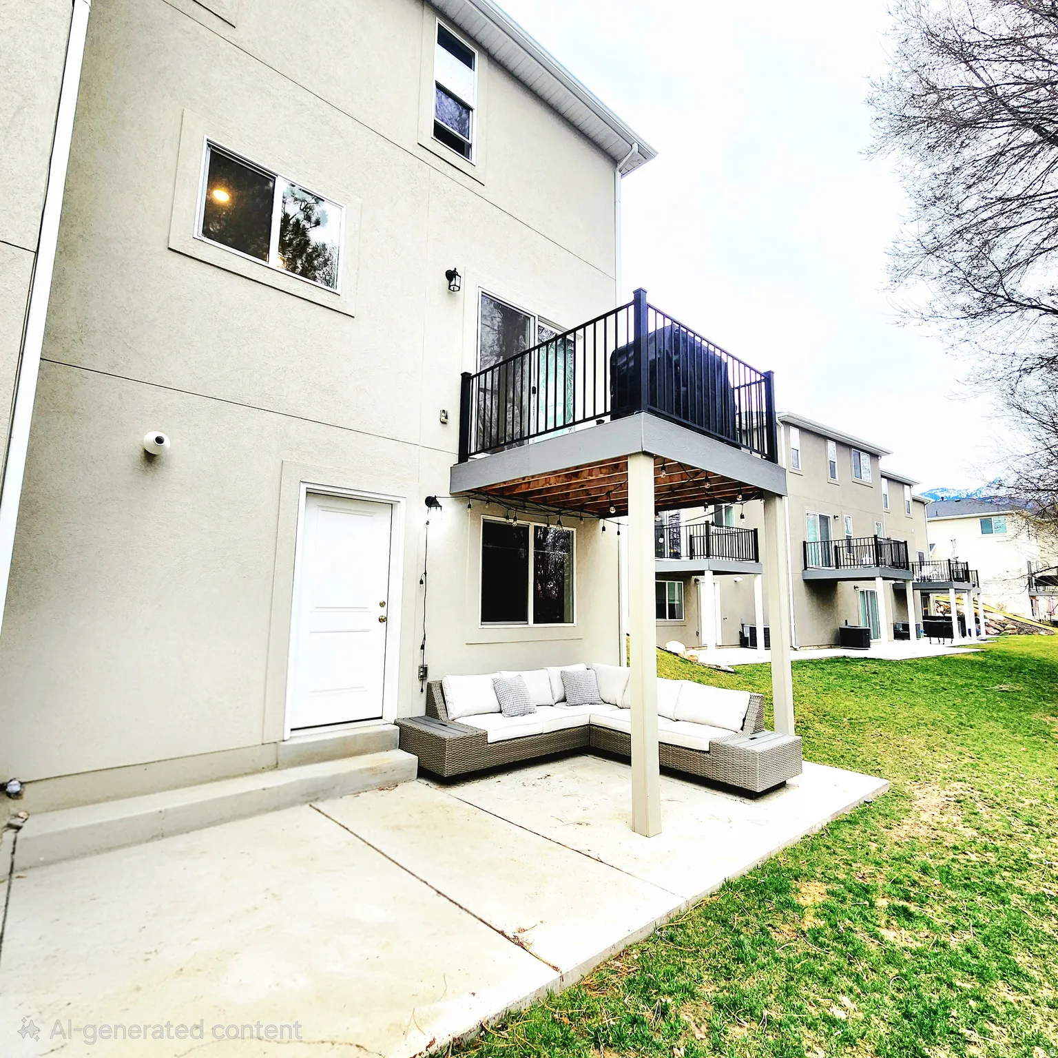 Back of property with a patio, a lawn, stucco siding, and an outdoor hangout area