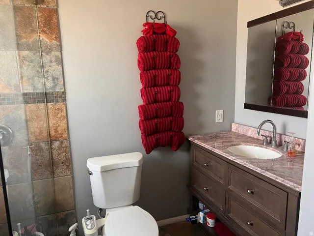 Full bathroom with vanity and tiled shower
