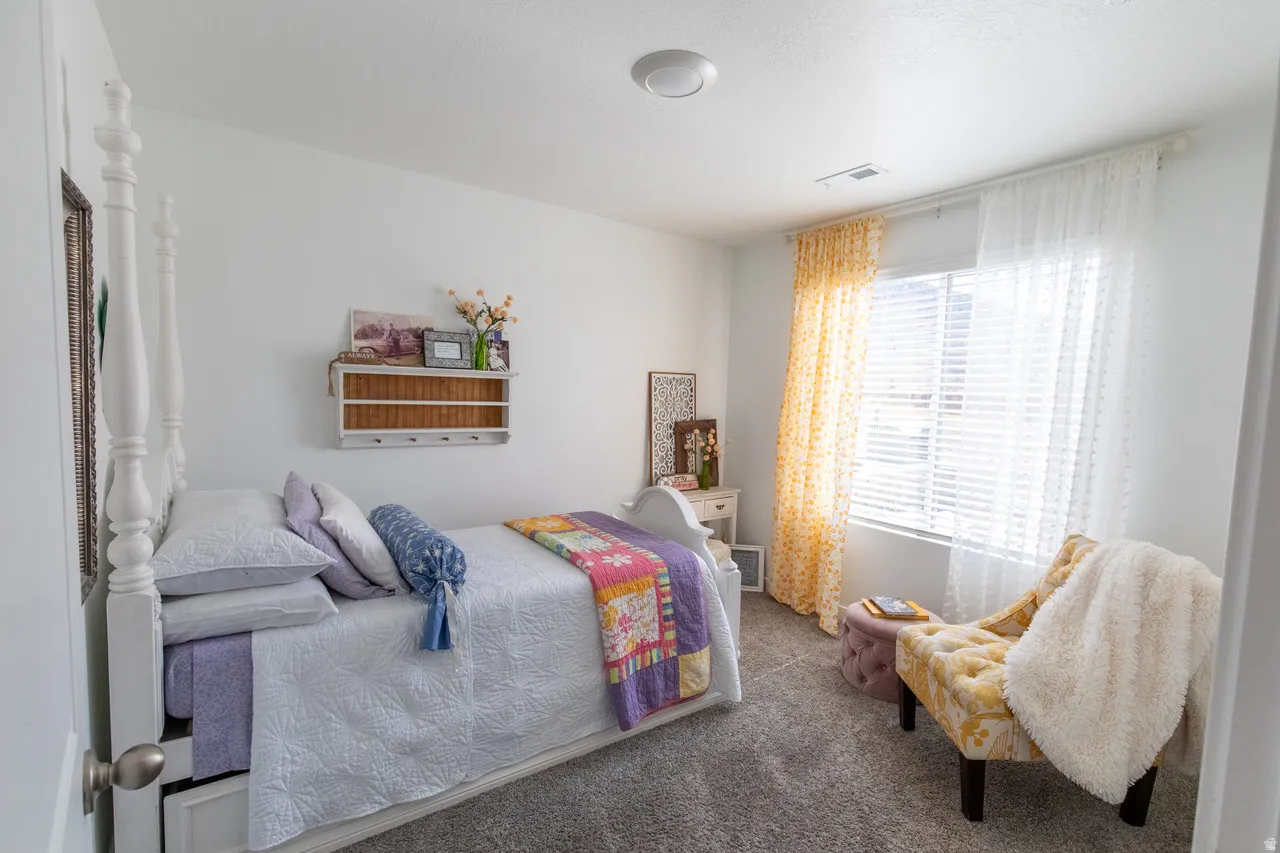 Bedroom with dark carpet