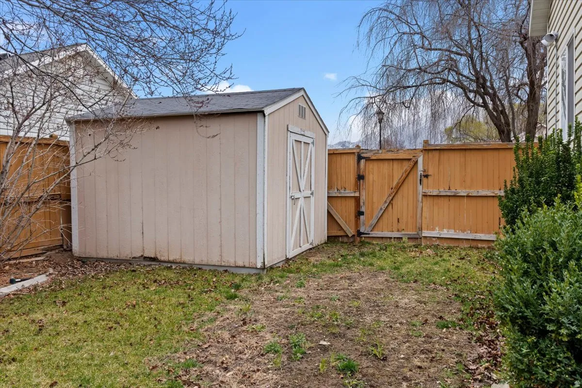 View of shed featuring a gate and a fenced backyard