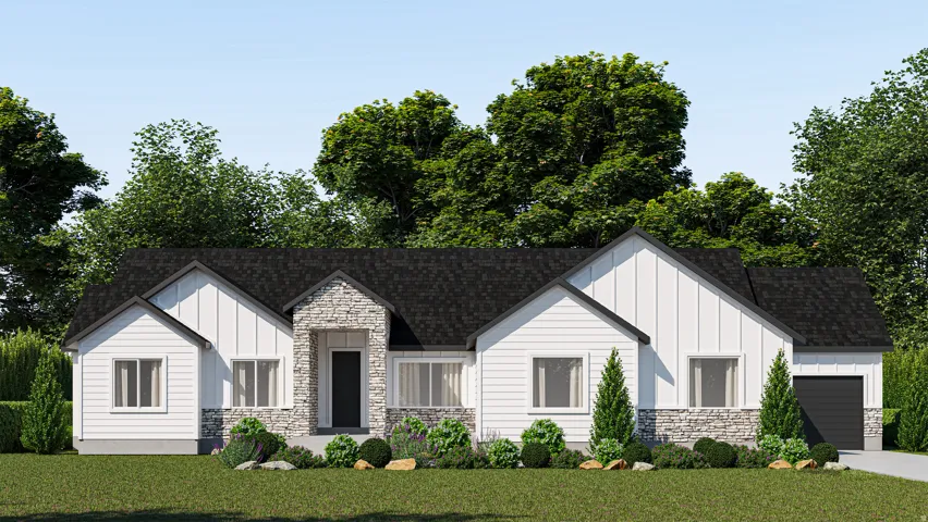 Modern farmhouse featuring board and batten siding, stone siding, a front yard, and roof with shingles
