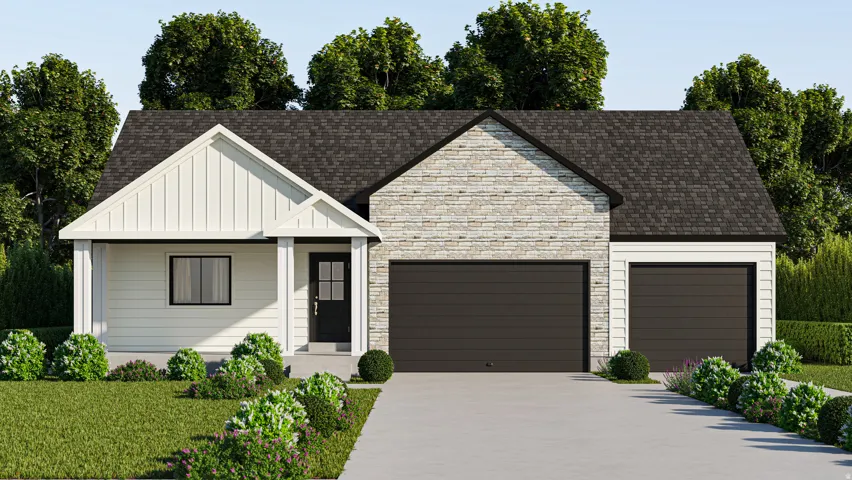 View of front of house featuring concrete driveway, roof with shingles, an attached garage, board and batten siding, and stone siding