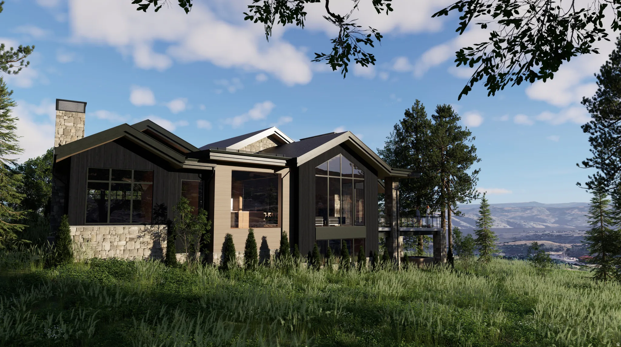 Back of house featuring stone siding, a chimney, a sunroom, and a mountain view
