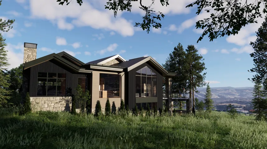 Back of house featuring stone siding, a chimney, a sunroom, and a mountain view