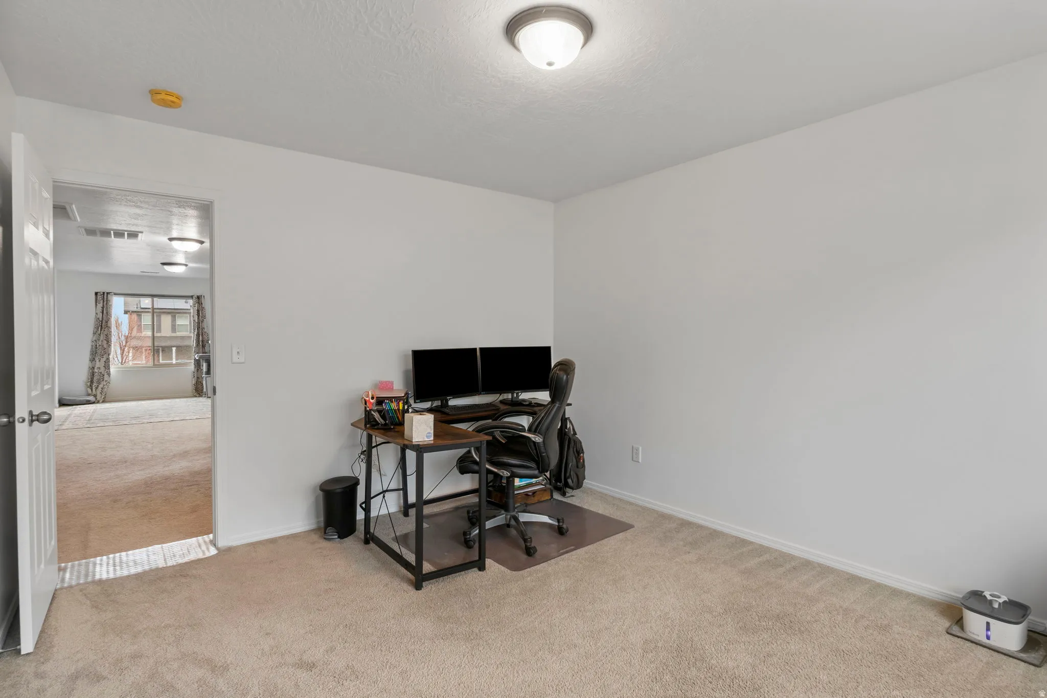 Home office with light colored carpet and baseboards